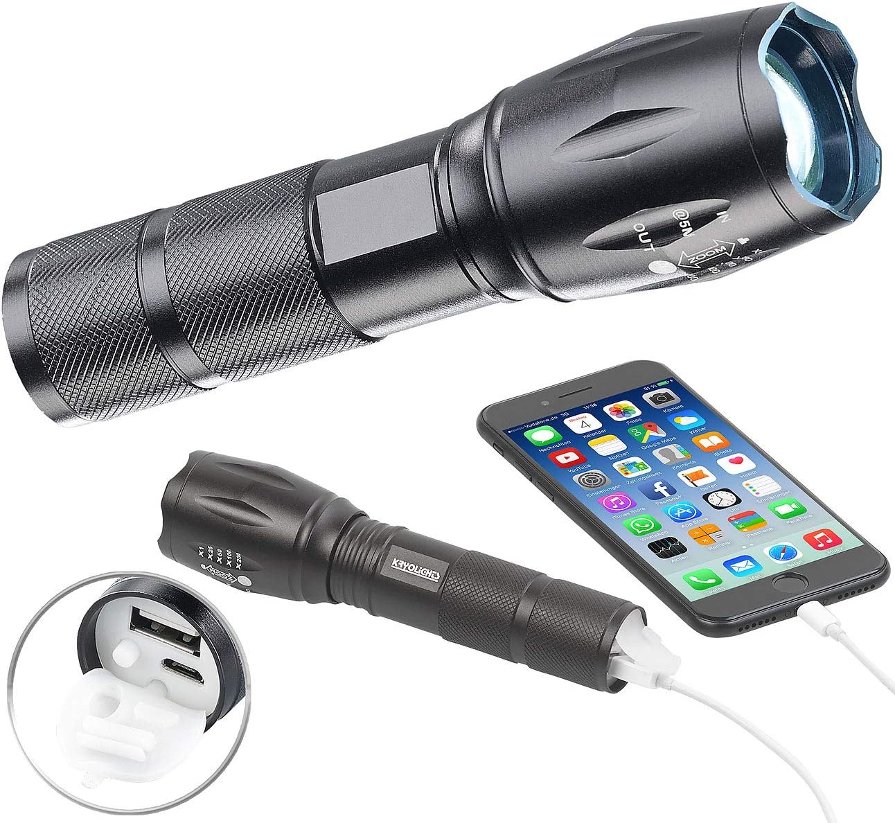 KryoLights Taschenlampe USB: 2in1-LED-Taschenlampe und Powerbank, 1.800 mAh, 260 lm, 10 Watt, IP44 (mit USB Ladefunktion, zum aufladen, Wasserdichte Taschen)